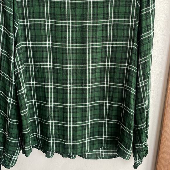 Three Dots Mason Plaid Long Sleeve Blouse Dark Green - Picture 14 of 16